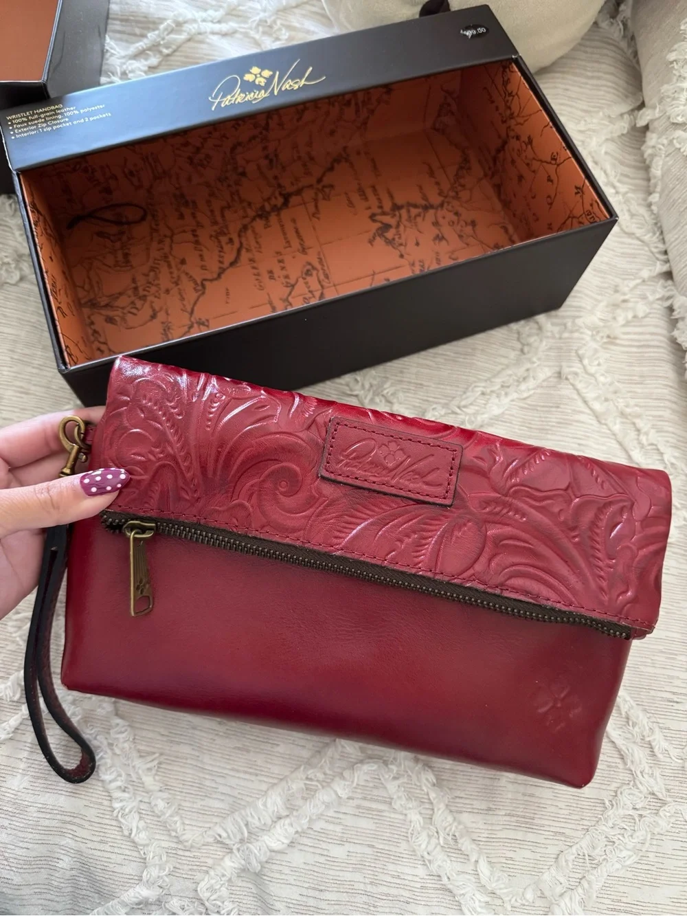 Patricia Nash Burgundy Embossed Leather Fold-Over Wristlet Clutch